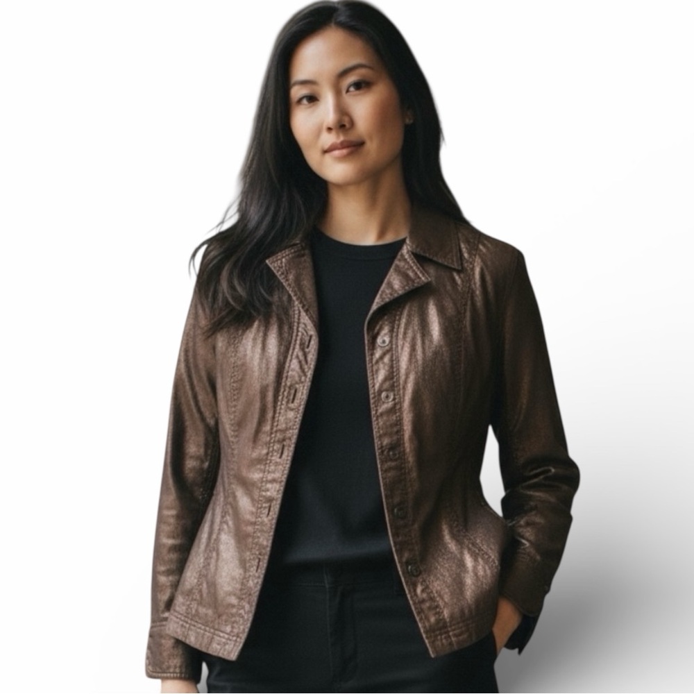 Coldwater Creek Woman’s Metallic Bronze Snap Button Cotton Jacket - Size 14